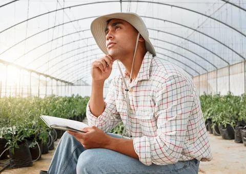 Man, farmer and thinking with notebook, agriculture or planning for problem Stock Photos