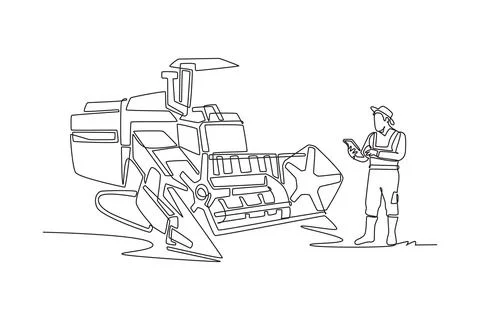 Man farmer checking digital tablet near combine harvester Stock Illustration