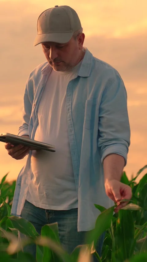 Man farmer with digital tablet assesses green corn shoots field summer. Male Stock Footage 336336086