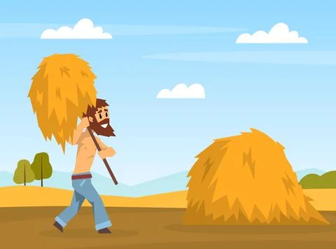 Man farmer gathering hay in stack Vector with pitchfork cartoon vector Stock Illustration