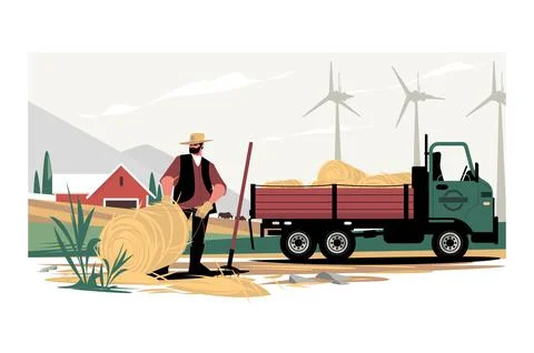 Man farmer getting round bales of hay in truck Stock Illustration
