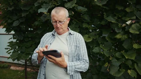 Man farmer with glasses use tablet computer checking his grapes traceability and Stock Footage 102775821