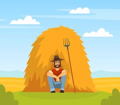 Man farmer in hat sitting leaning against haystack Vector with pitchfork cartoon Stock Illustration