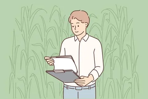 Man farmer inspecting corncobs standing in field with clipboard and working in Stock Illustration