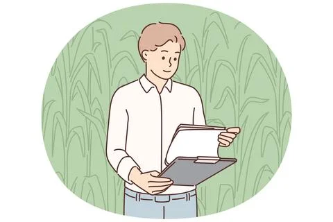 Man farmer inspecting corncobs standing in field with clipboard and working in Stock Illustration