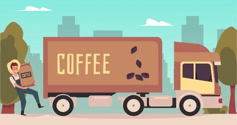 Man farmer loading canvas sacks with coffee beans in truck a vector illustrat Stock Illustration