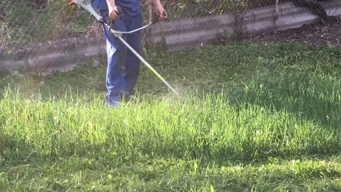 Man farmer mows the grass with a mower on nature Stock Footage 108728062