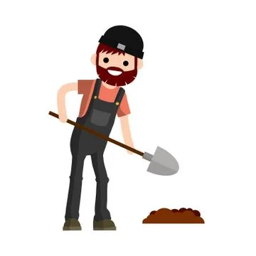 Man farmer with shovel dig ground bed. Countryside worker in jumpsuit Illustrazione stock