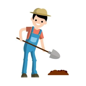 Man farmer with shovel dig ground bed. Countryside worker in jumpsuit Illustrazione stock