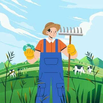 Man farmer standing while holding a straw fork and vegetable. green meadow Stock Illustration