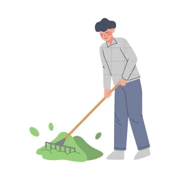 Man Farmer Using Rake, Male Agricultural Worker Gardener Character in Overalls Illustrazione stock