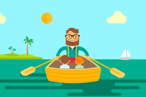 A man father with two sons sailing on a boat in the sea Stock Illustration