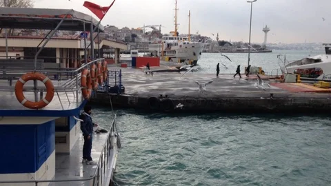 A Man Feeds a Flock of Gulls From a Ferry, Istanbul - Turkey, 2018 Stock Footage 88252764