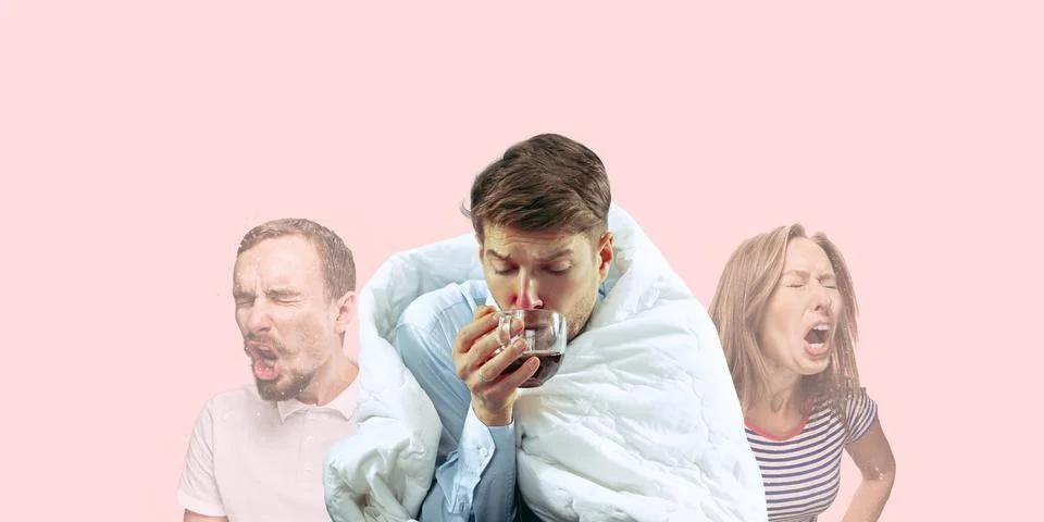 Man feeling ill, has virus infection, fever, headache and sneezing Stock Photos
