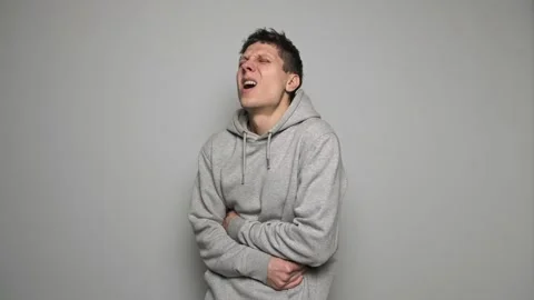 Man feeling sudden strong abdominal stomach ache, gastritis problem. Sick ill sa Stock Footage 296423575