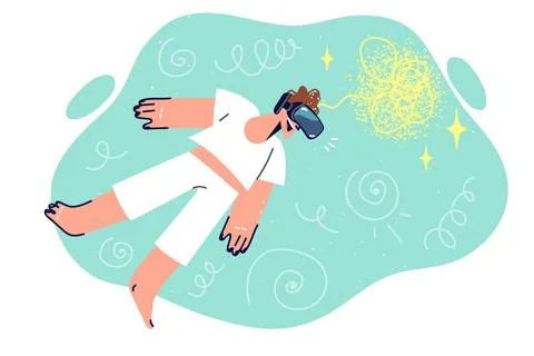 Man feels feeling flight thanks to VR technology and use of glasses that Stock Illustration