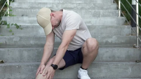 A man feels a sharp pain in his calf muscle and massages his painful leg. Stock Footage 252824453
