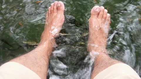 A man feet are undergoing fish therapy in a small pool Stock Footage 315190221