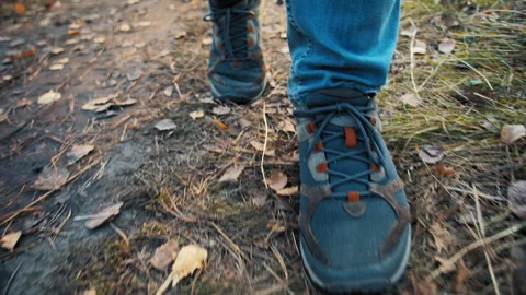 Man feet stroll on forest path Stockbeeldmateriaal 168280368