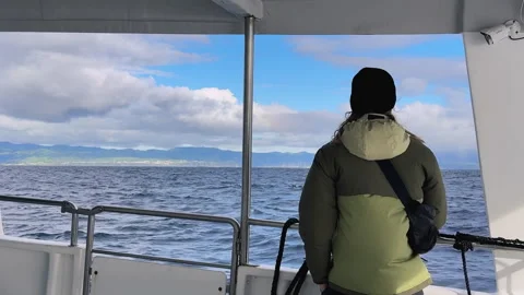 Man on Ferry Exploring São Miguel Island from Ocean, Azores Portugal Stock Footage 316593046