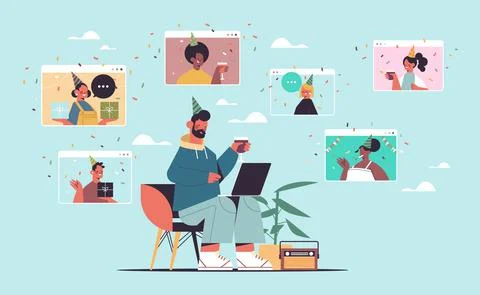 Man in festive hat using laptop celebrating online birthday party with mix race Stock Illustration