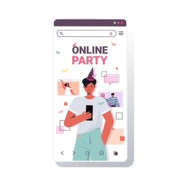 Man in festive hat using smartphone celebrating online birthday party during Stock Illustration