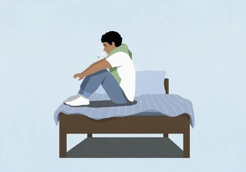 Man with fever using thermometer on bed Stock-Illustration