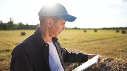 Man in field with tablet. Farmer working on field with haystacks and tablet Stock Footage 320061074