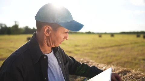 Man in field with tablet. Farmer working on field with haystacks and tablet Video stock 321188961