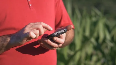 Man in a Field Using His Smartphone Closeup Stock Footage 93038306