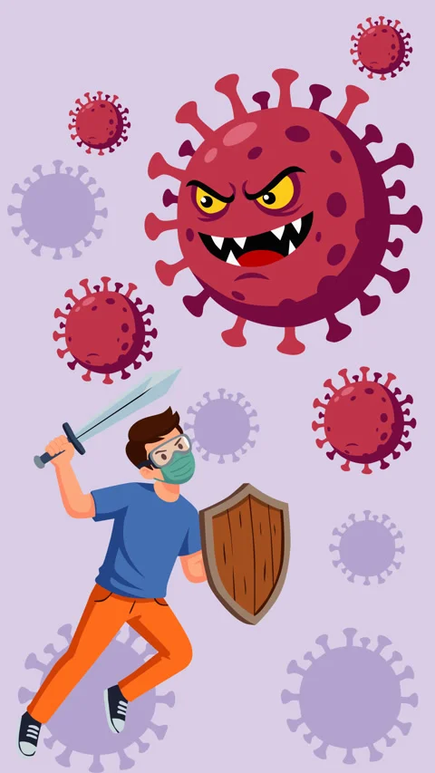Man Fighting Cartoon Virus with Sword and Shield Healthcare Animation Stock Footage 334936080