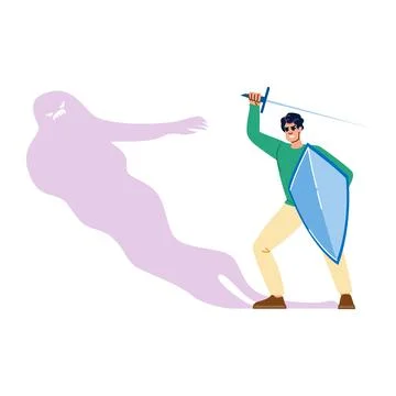 Man fighting inner demons with sword and shield Stock Illustration