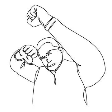 Man in a fighting stance in a continuous line on a white background. An eld.. Stock Illustration