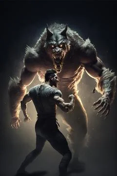 Man Fighting a Werewolf Stock Illustration