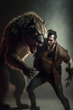 Man Fighting a Werewolf Stock Illustration