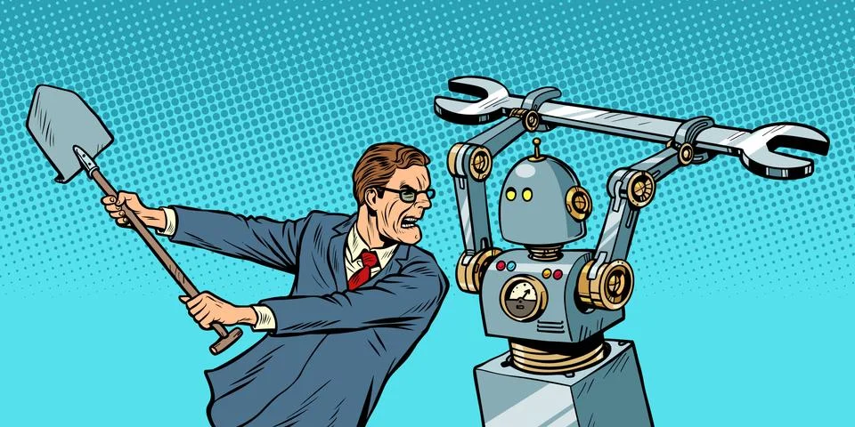 Man fights with a robot 库存插图