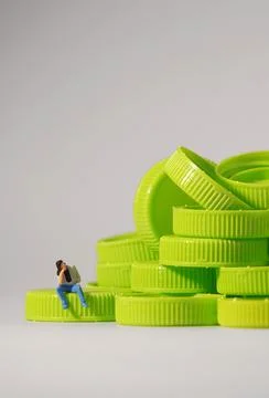 Man figure siting on plastic cap. Recycle material concept. Stock Photos