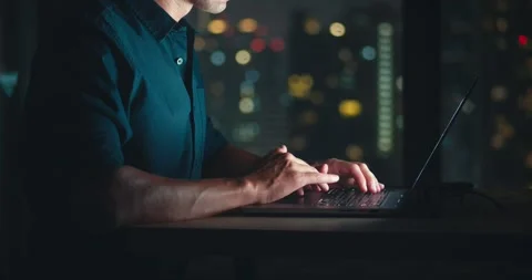 Man figure sits before computer screen programming coding hands close up Stock Footage 276525184