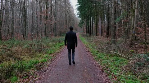 Man figure walking in a forest. Dark man in a woods. Stock Footage 175430068