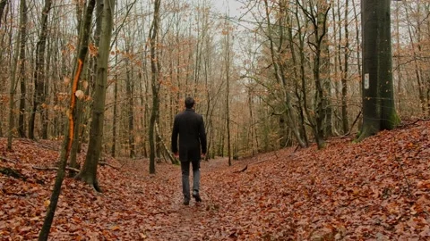 Man figure walking in a forest. Dark man in a woods. Stock Footage 179655561