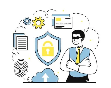 Man with file security. Young guy in sunglasses near folders with documents Stock Illustration