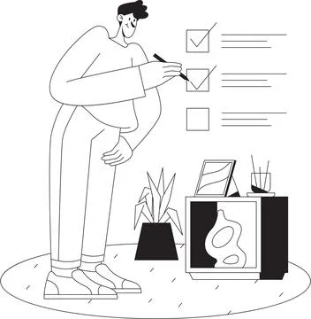 Man filling in checklist of completed tasks graphic Illustrazione stock