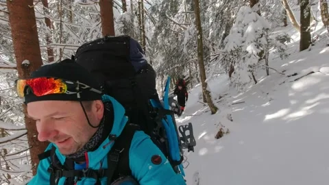 Man Films Himself During A Hike Through The Winter Woods Stock-Footage 219950124