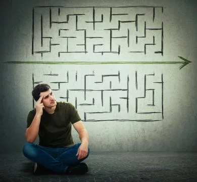 Man find a solution to solve problem and escape from labyrinth 스톡 사진