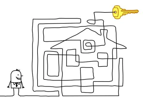 Man finding the key in a maze Stock Illustration