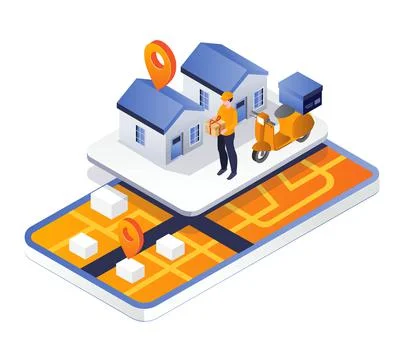 Man finding order delivery location via smartphone gps app Stock Illustration