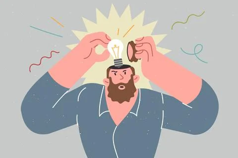 Man finds new idea thanks to brainstorming about solve problem, standing with 스톡 일러스트