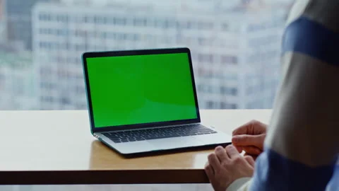 Man finger tapping mockup computer touchpad sitting cityscape office closeup Stock Footage 335246688