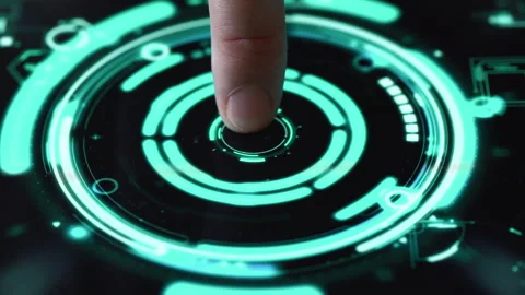 Man Finger on Touch Screen Button, Activates Futuristic Artificial Intelligence Stock Footage 201307006