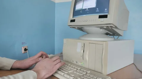 Man Finished His Work At The Old Retro Computer Stock Footage 126339880